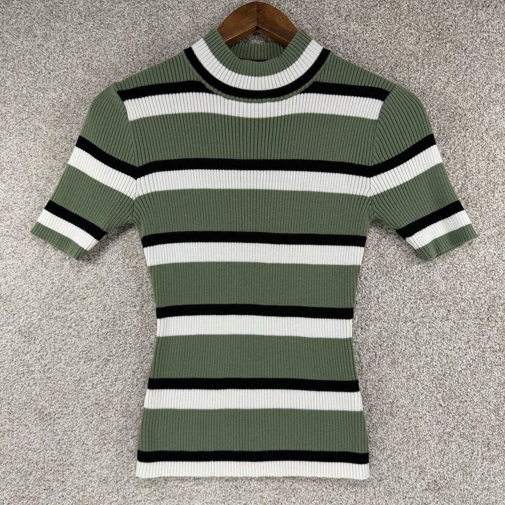 Y2K Union Bay Striped Stretch Top M Fitted High Collar Ribbed Green Whimsigoth‎